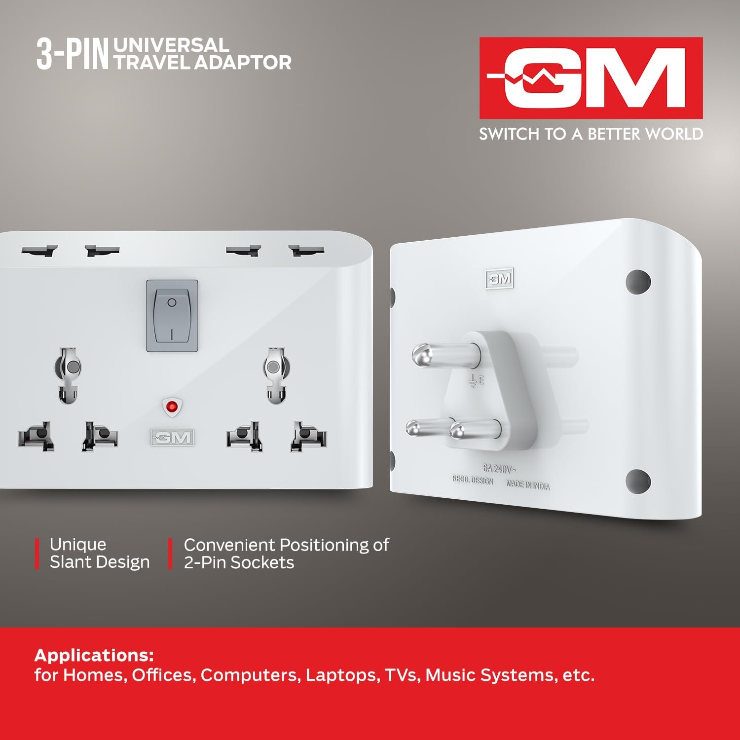 GM 3 Pin 6 AMP Universal Multiplug Travel Adapter with 4 Charging Point | Useful for Home Applications, Mobiles, Computers, Laptops | Adapter with Inbuilt Surge Protector & Power Indicator | GM 3019 - Image 7