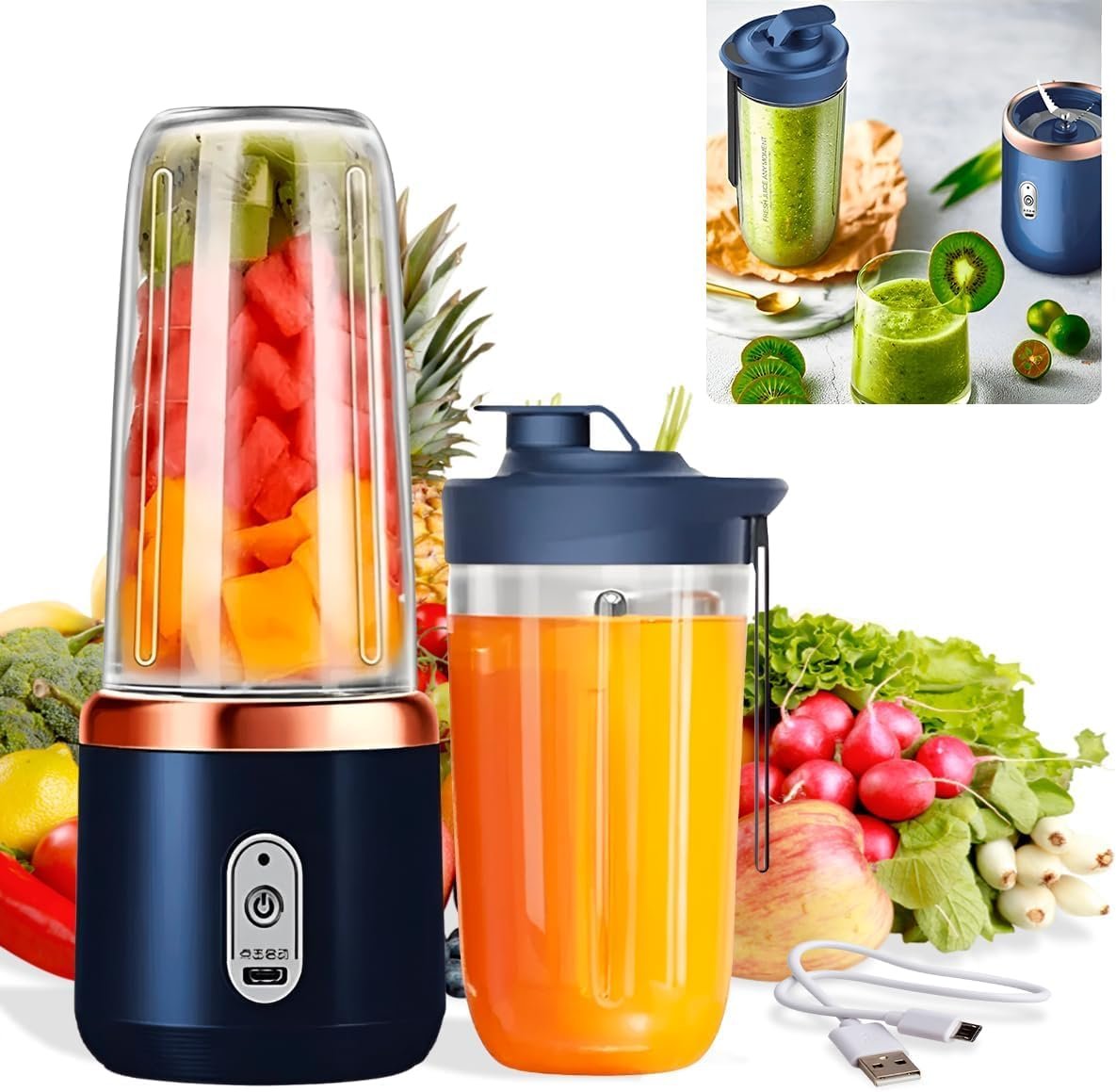 Qlect Portable Blender Electric Juicers Fruit Mixers USB Rechargeable Smoothie Mini Personal Juicer 6 Blades 3Gears With 1500 Mah Rechargeable Battery-Smoothie Blender(Blue) - Image 2