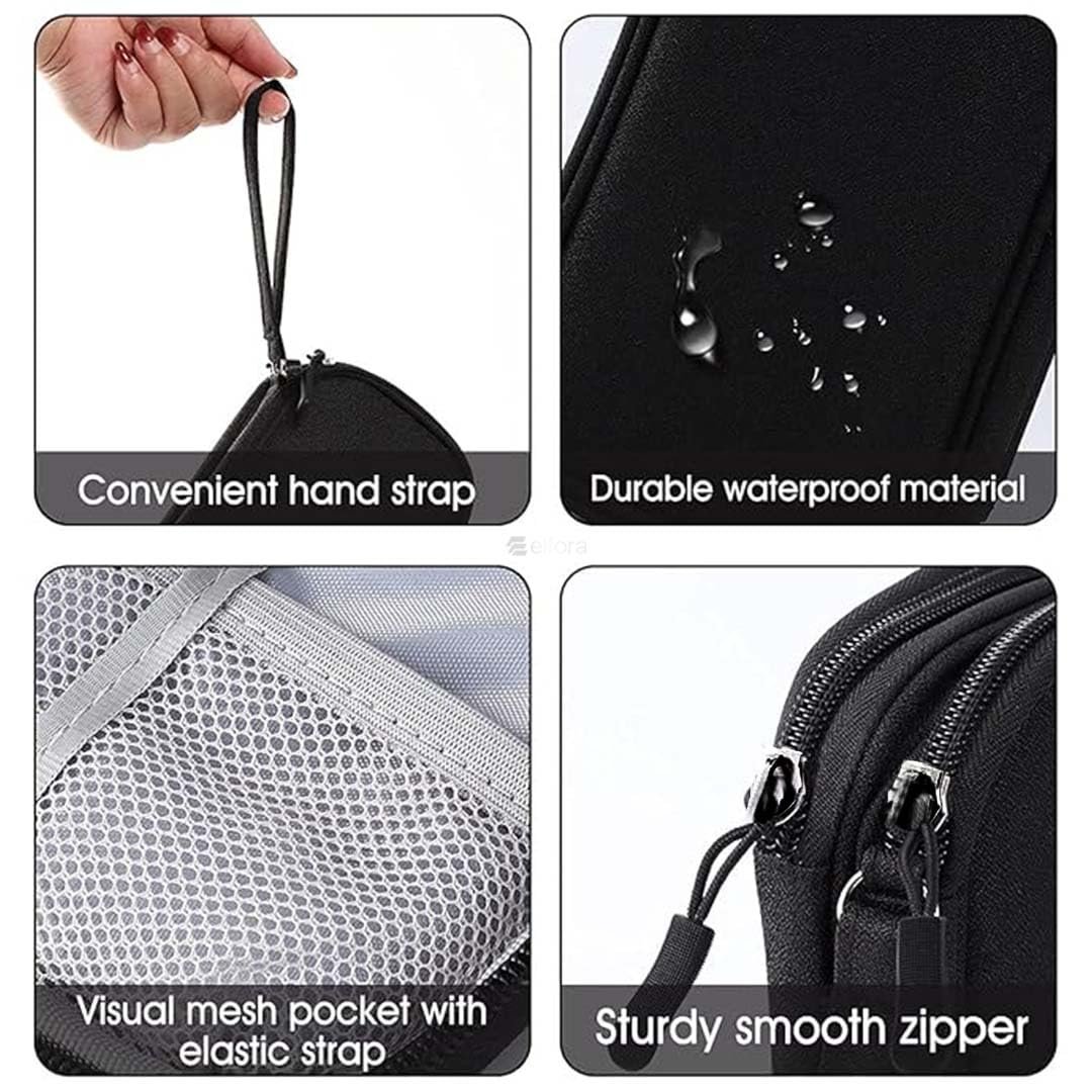 Elfora Cable Organizer Pouch | Travel Organiser Bag | Double Layer Storage for USB Cables, Chargers, Earphone, Power Bank, Hard disc & Other Accessories | Durable Nylon Case with Mesh Pockets (Black) - Image 6