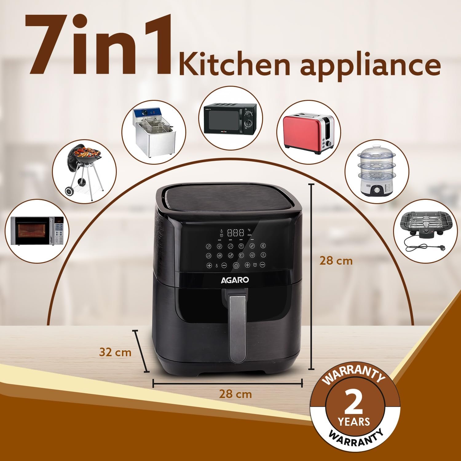 AGARO Elegant Air Fryer, 6.5L, 12 Preset Cooking Modes, 360 Degrees Air Circulation With Variable Temperature Settings, Frying, Grilling, Toasting, Roasting, 1800W, Black. - Image 8