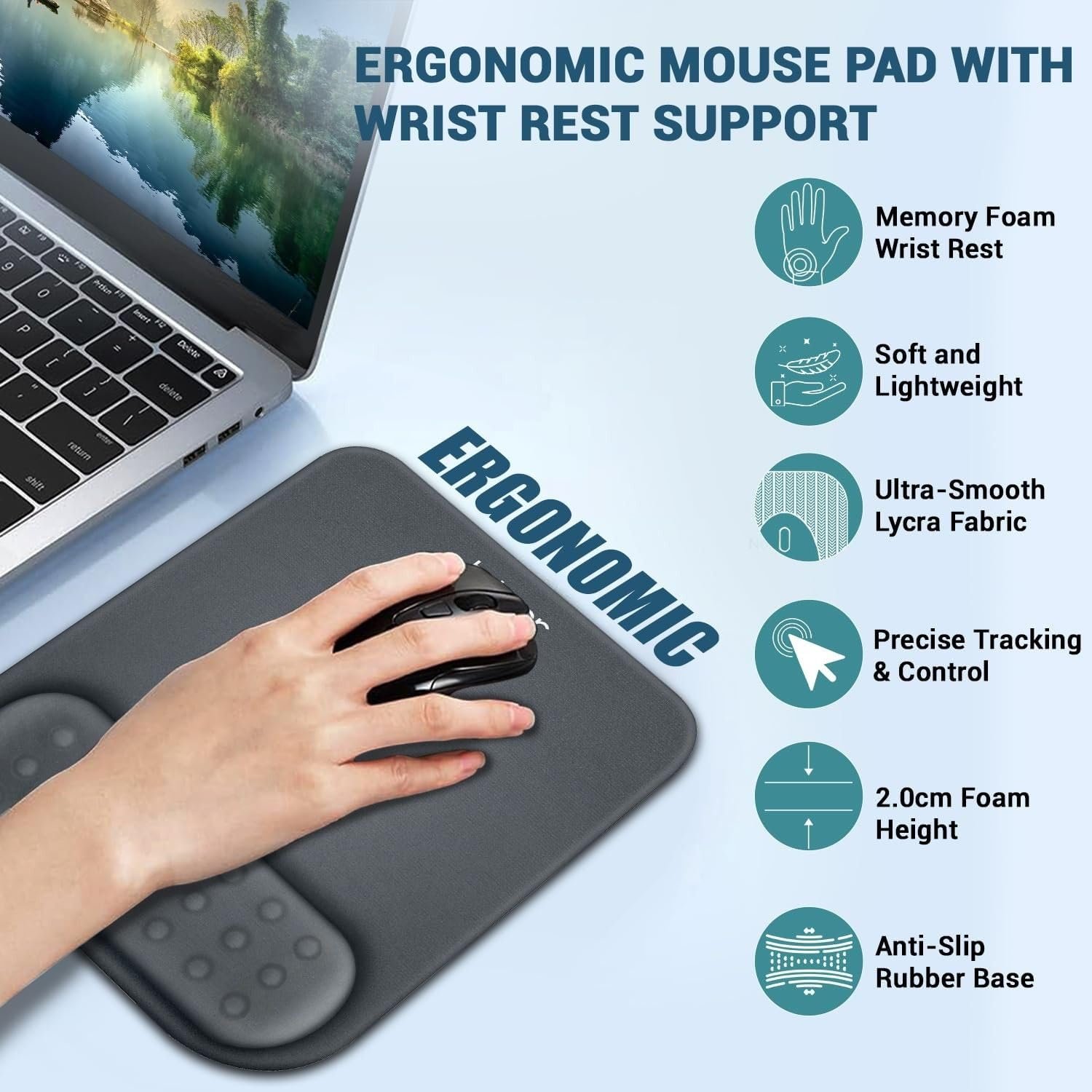 Tukzer Gel Mouse Pad Wrist Rest Memory-Foam Ergonomic Mousepad| Cushion Wrist Support & Pain Relief| Suitable for Gaming, Computer, Laptop, Home & Office Non-Slip Rubber Base (Grey) - Image 3