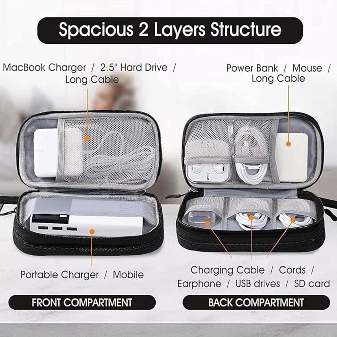 Elfora Cable Organizer Pouch | Travel Organiser Bag | Double Layer Storage for USB Cables, Chargers, Earphone, Power Bank, Hard disc & Other Accessories | Durable Nylon Case with Mesh Pockets (Black) - Image 5