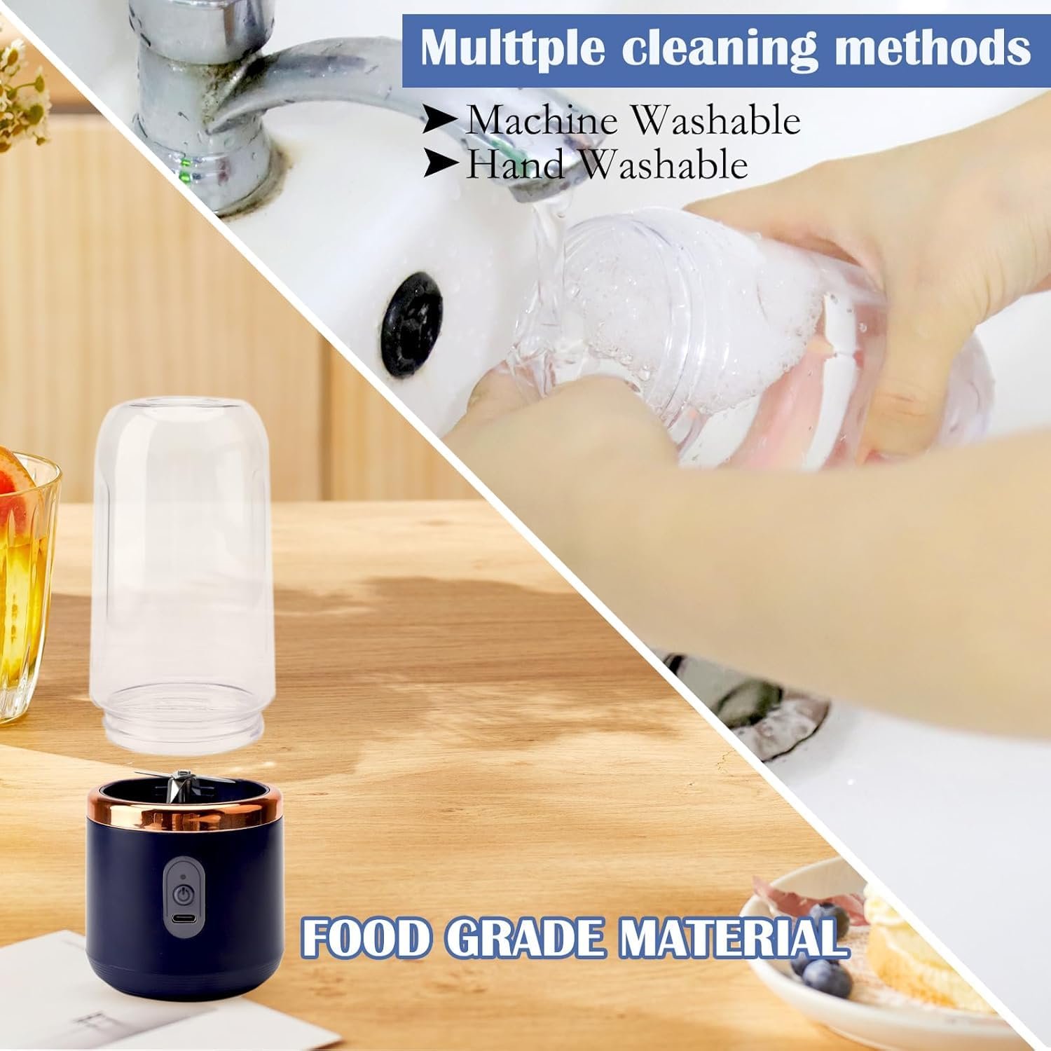 Qlect Portable Blender Electric Juicers Fruit Mixers USB Rechargeable Smoothie Mini Personal Juicer 6 Blades 3Gears With 1500 Mah Rechargeable Battery-Smoothie Blender(Blue) - Image 6