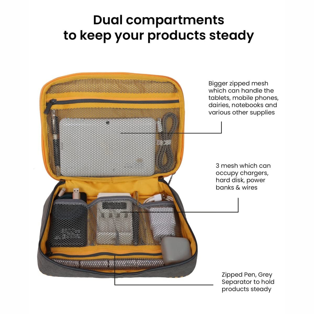 EUME Fixa 2 Compartment Electronic Accessories Organizer & Travel Gadget Bag for Men & Women (Grey) - Image 7