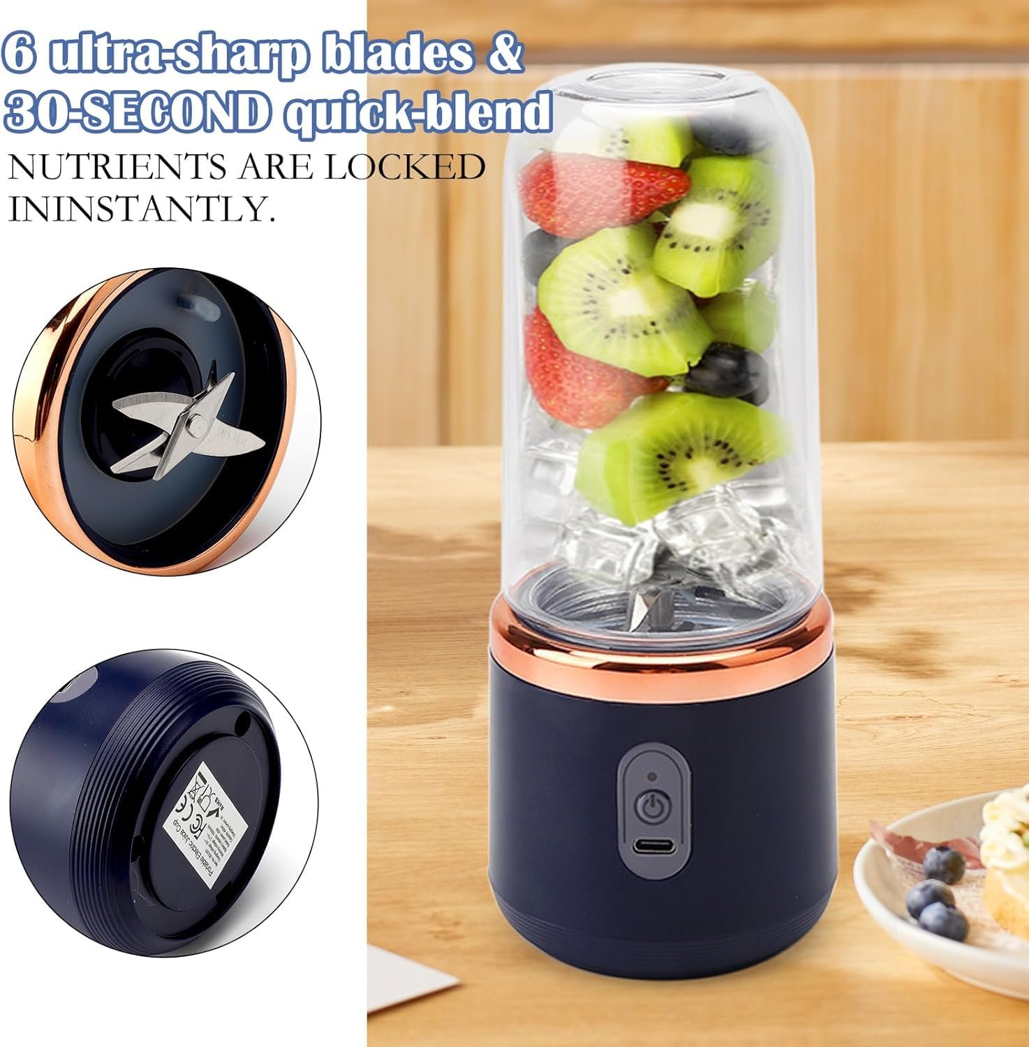 Qlect Portable Blender Electric Juicers Fruit Mixers USB Rechargeable Smoothie Mini Personal Juicer 6 Blades 3Gears With 1500 Mah Rechargeable Battery-Smoothie Blender(Blue) - Image 5