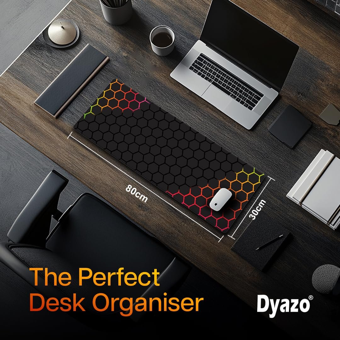 Dyazo Hexagonal Pattern Desk Mat | Water-Resistant Anti-Slip Desk Pad | Extended Gaming Mouse Pad with Rubber Stitched Edges (800mm x 300mm x 3mm) for Laptop & Computer – Black & Orange - Image 3