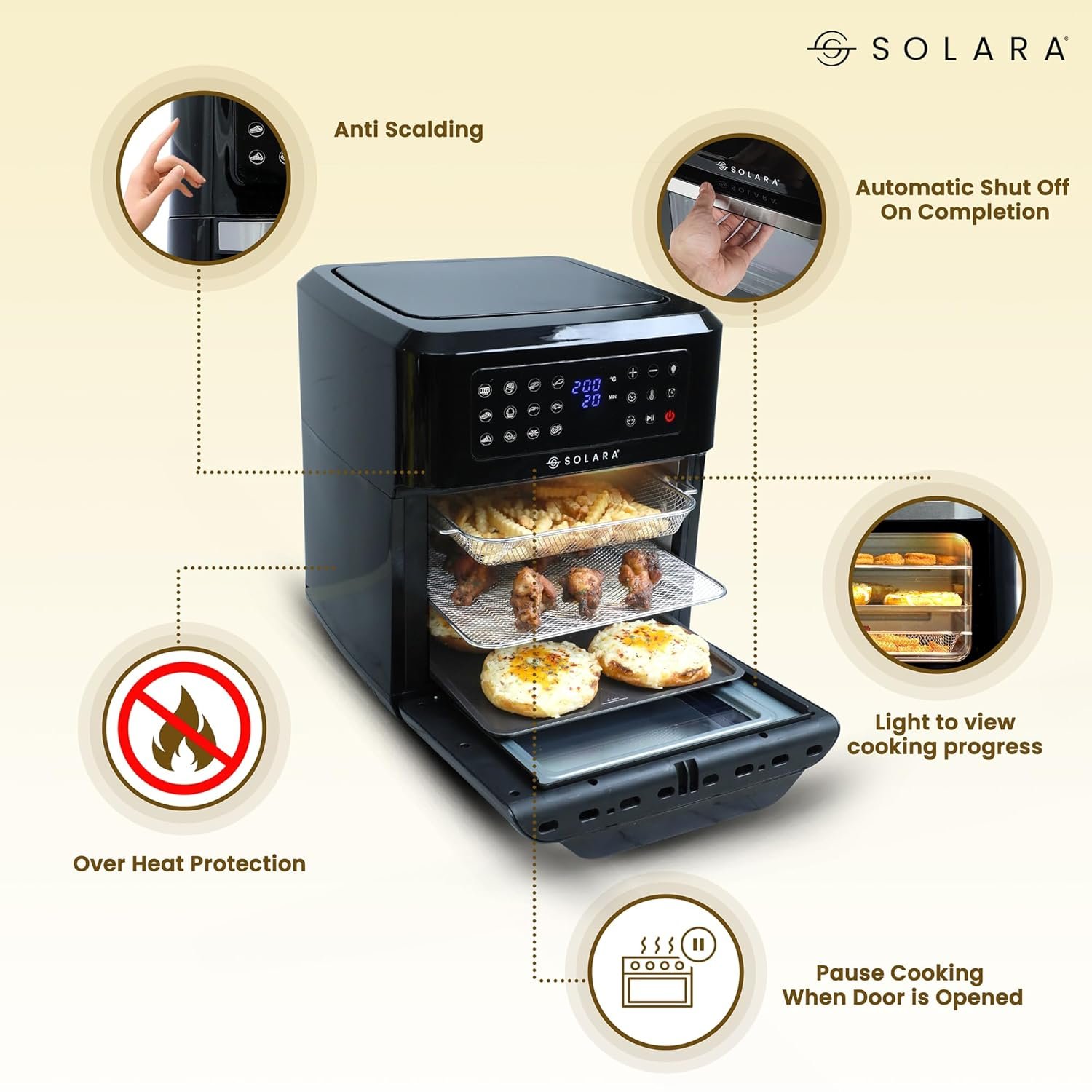 SOLARA 12L Air Fryer Oven for Home Kitchen, 1800W OTG Air Fryer Oven 12 Litre with 12 Presets, 6 Accessories, Grill, Roast, Bake, Reheat, AirFryer OTG, XX-Large, Recipe E-book, 1 Year Warranty, Black - Image 5