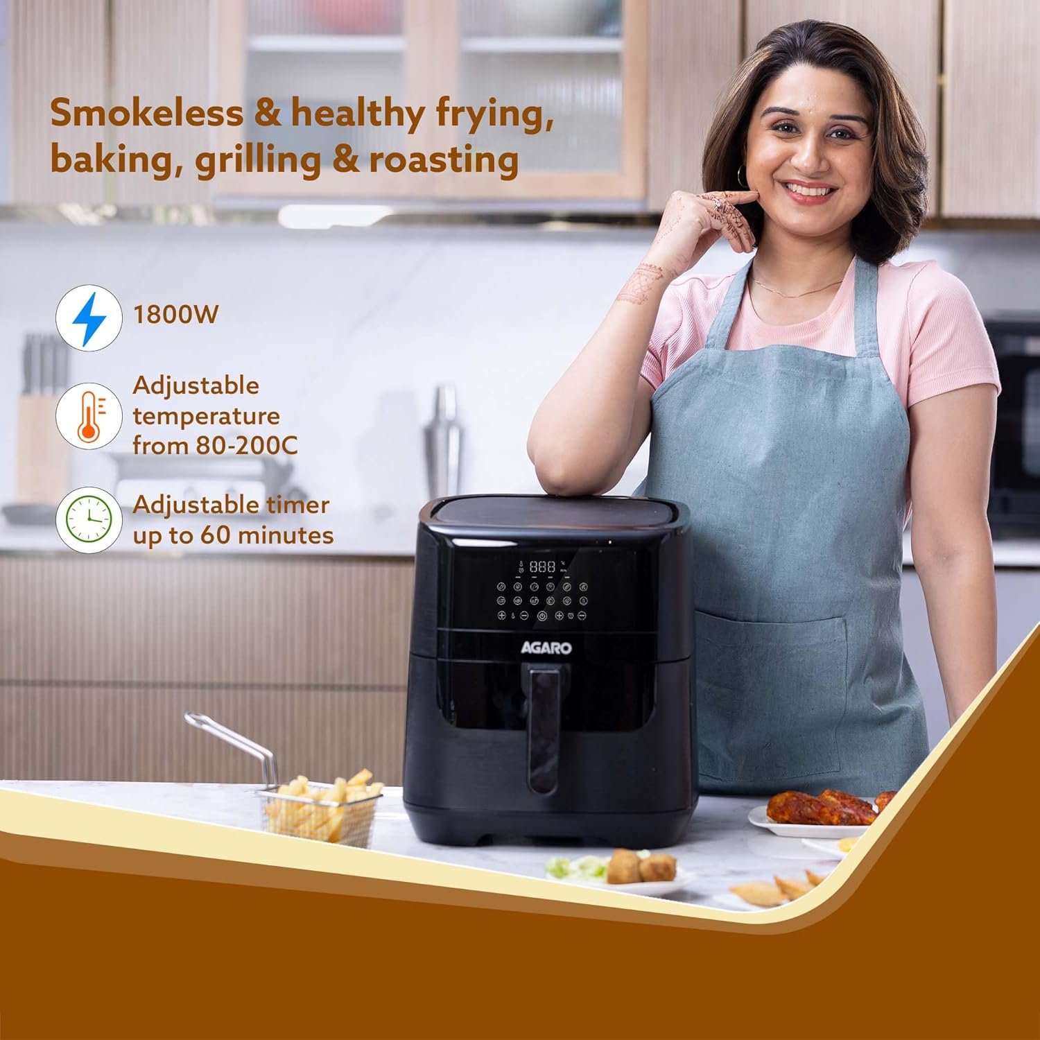 AGARO Elegant Air Fryer, 6.5L, 12 Preset Cooking Modes, 360 Degrees Air Circulation With Variable Temperature Settings, Frying, Grilling, Toasting, Roasting, 1800W, Black. - Image 6