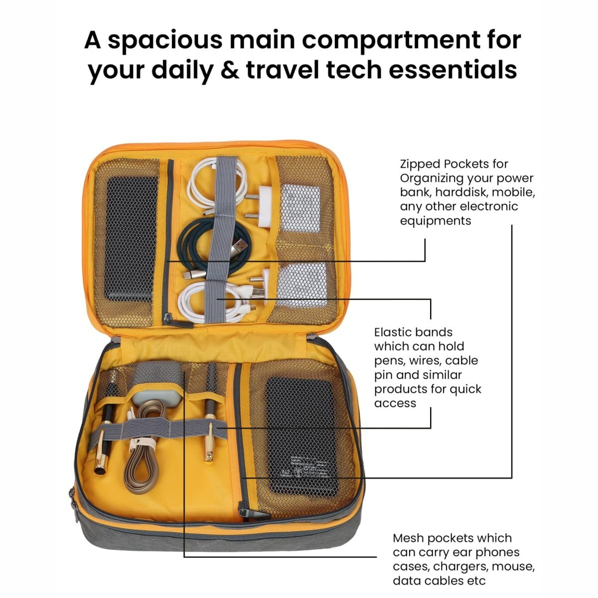 EUME Fixa 2 Compartment Electronic Accessories Organizer & Travel Gadget Bag for Men & Women (Grey) - Image 8