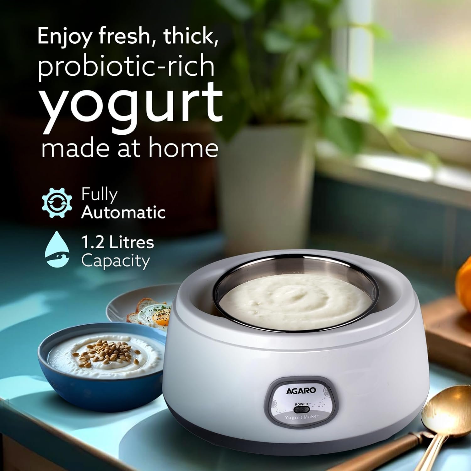 AGARO Classic Portable Yogurt Maker Machine for Home, 1.2L, Electric Probiotic Curd Maker with Auto Temperature Regulation, for Thick Creamy, Consistent Yogurt, 304 SS Container, Grey and White - Image 3