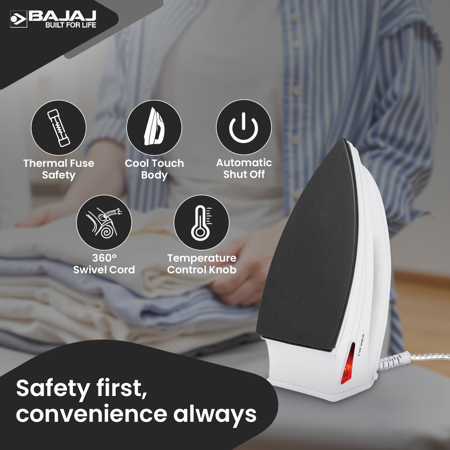 Bajaj DX-6 1000 Watts Dry Iron | Advance Soleplate And Anti-Bacterial German Coating Technology | Thermol Fuse Safety | Auto Shut-Off | Cool Touch Body | 2 Yr Warranty 【White】 - Image 5
