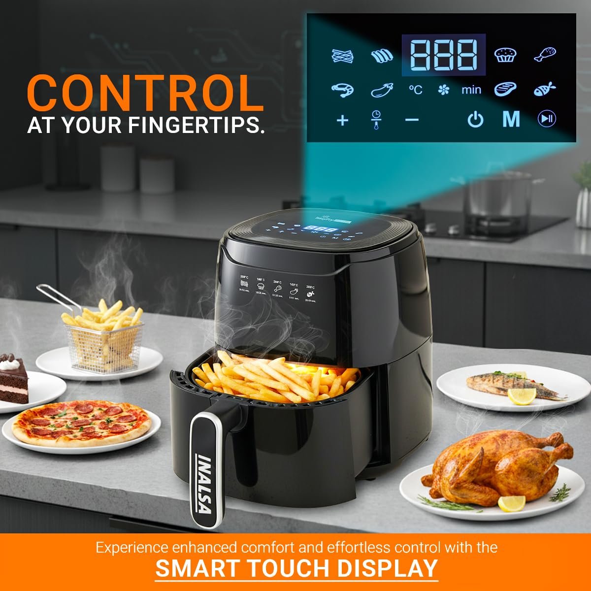 INALSA Air Fryer 4.2 ltr|1400 W with Air Crisp Technology|Temperature & Timer Control|8 Preset Menu & Digital Display|Air fry, Bake,Roast,Reheat,Dehydrate|Airfryer Recipe book(Tasty Fry Digital) - Image 6