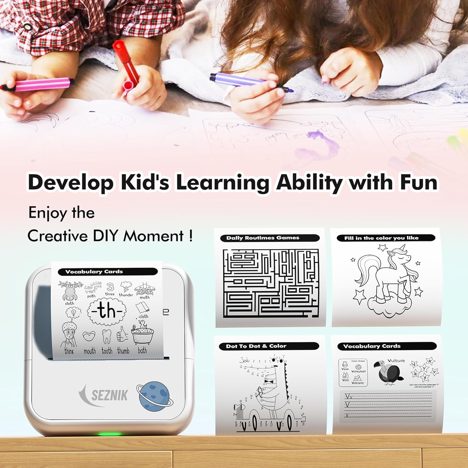 SEZNIK Mini Printer, Wireless Monochrome Home Printers, Thermal, Bluetooth, Portable Pocket Printer, Compatible with Android, iOS Mobile. 1 Year Warranty(Minix-White) - Image 4