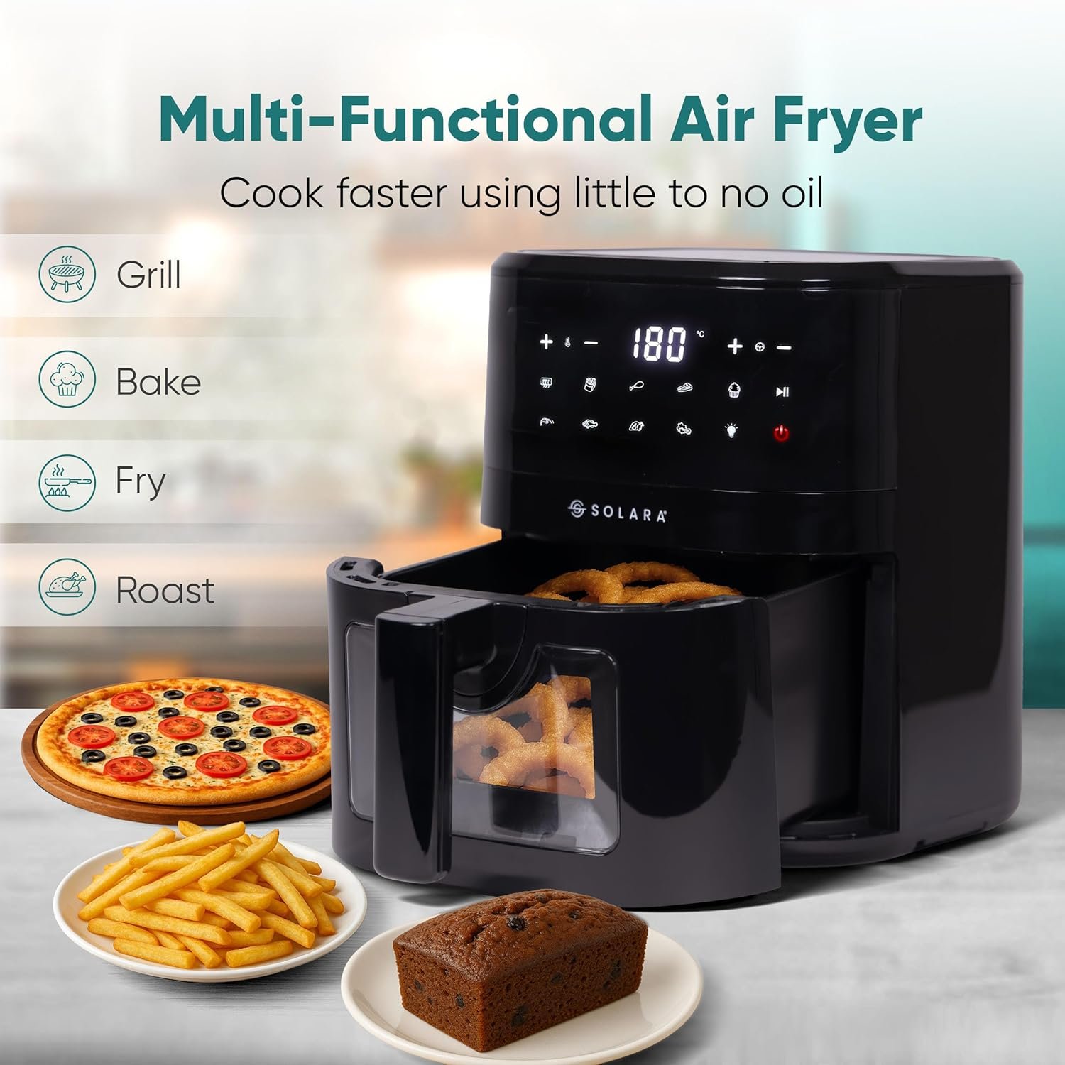 SOLARA Air Fryer For Home 4.5L with See Through Window, 10 Preset menus, 360° High Speed Air Circulation for Fry, Grill, Roast & Bake,Uses upto 90% less fat, 1500 Watts, Digital Touch Control, Black - Image 3