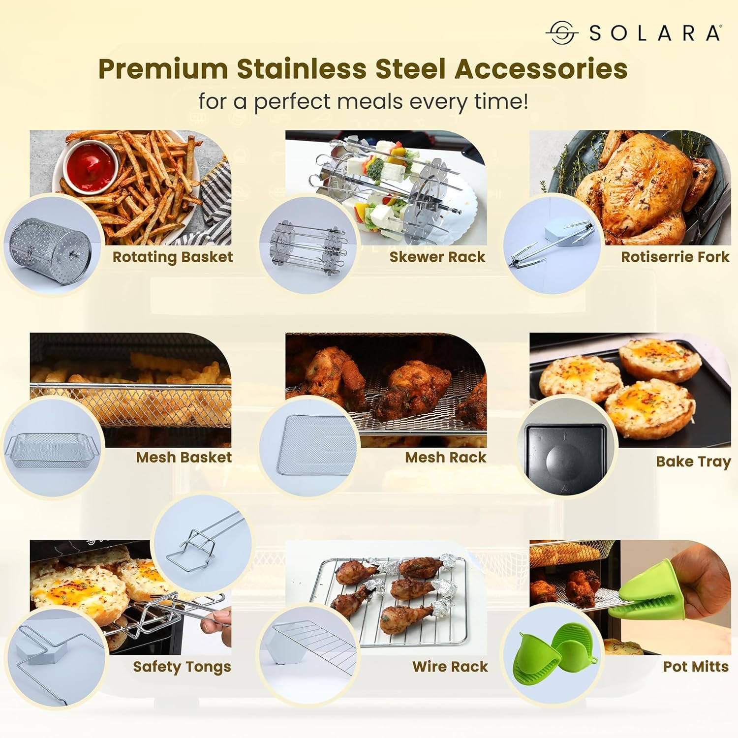 SOLARA 12L Air Fryer Oven for Home Kitchen, 1800W OTG Air Fryer Oven 12 Litre with 12 Presets, 6 Accessories, Grill, Roast, Bake, Reheat, AirFryer OTG, XX-Large, Recipe E-book, 1 Year Warranty, Black - Image 8