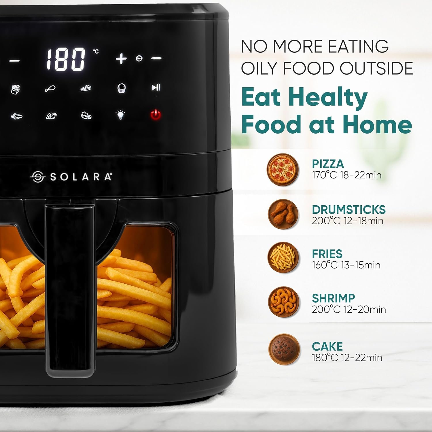 SOLARA Air Fryer For Home 4.5L with See Through Window, 10 Preset menus, 360° High Speed Air Circulation for Fry, Grill, Roast & Bake,Uses upto 90% less fat, 1500 Watts, Digital Touch Control, Black - Image 7