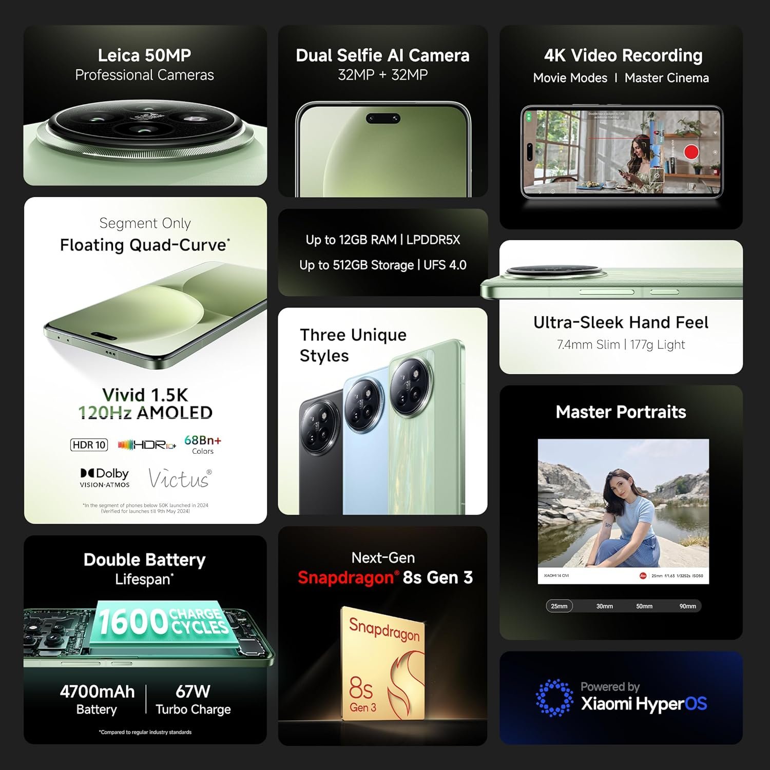 XIAOMI 14 Civi Shadow Black (8GB RAM 256GB Storage) | 50 MP Leica Triple Camera| SD 8s Gen 3 | 1.5K Quad Curved AMOLED HyperOS - Image 3