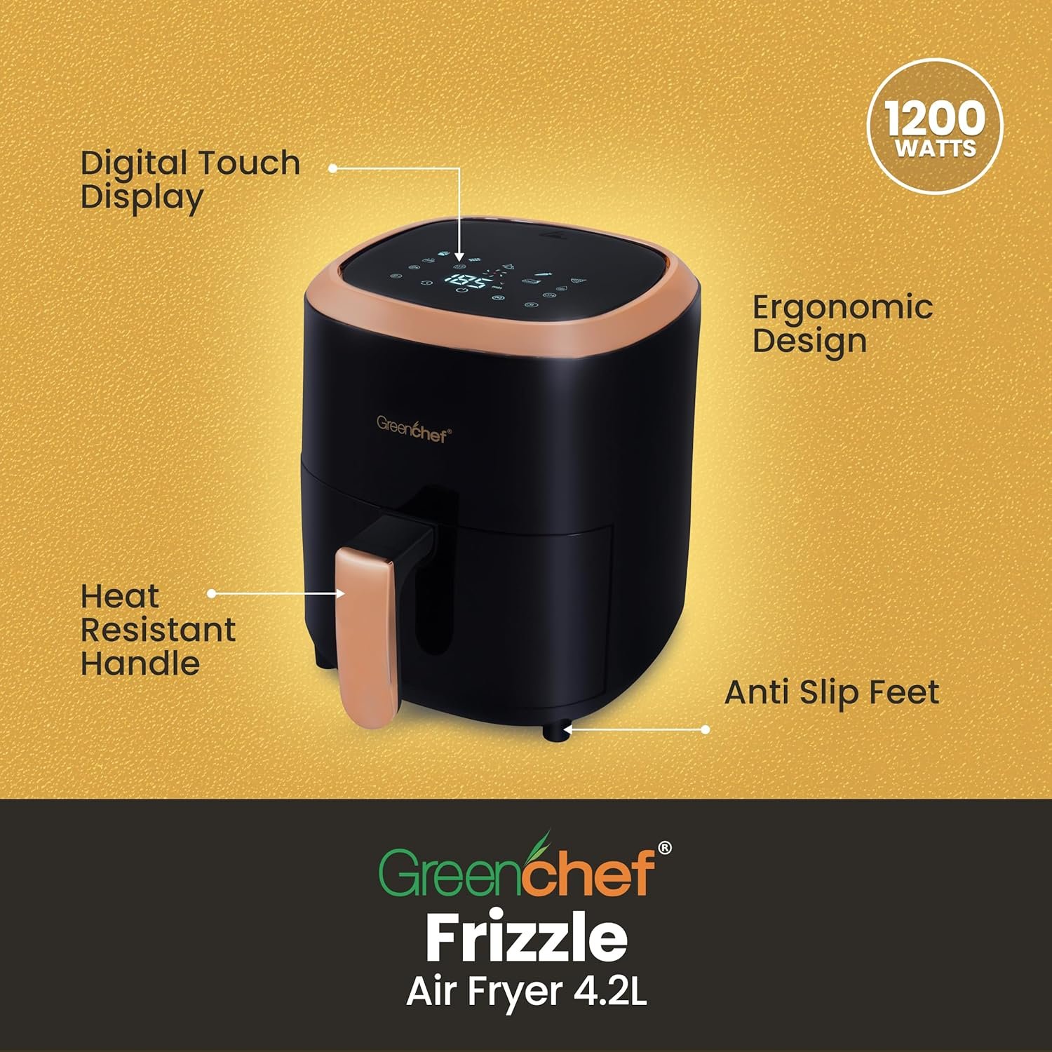 Greenchef Digital Air Fryer Frizzle with Touch Panel, uses up to 90% less fat, 8 Pre-set Menu, 1200W, 4.2 Liter (Black), Large - Image 4