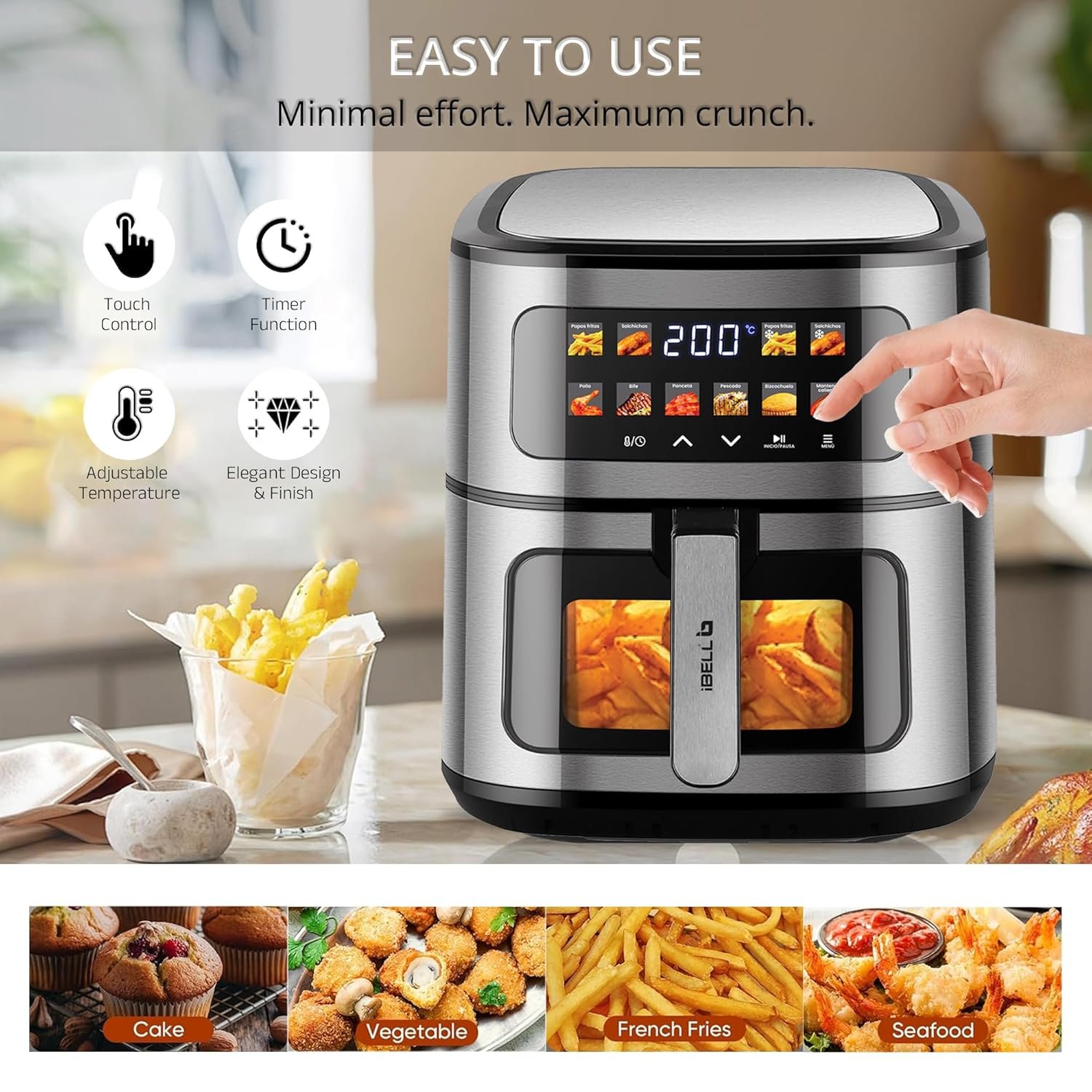iBELL AEROFRY800 Air Fryer, 8L Capacity, 1800W, Heavy duty, 10 Preset Menu, Touch screen, Multiple Cooking Options, Dishwasher Safe, Non-stick Coating, (Black) - Image 4