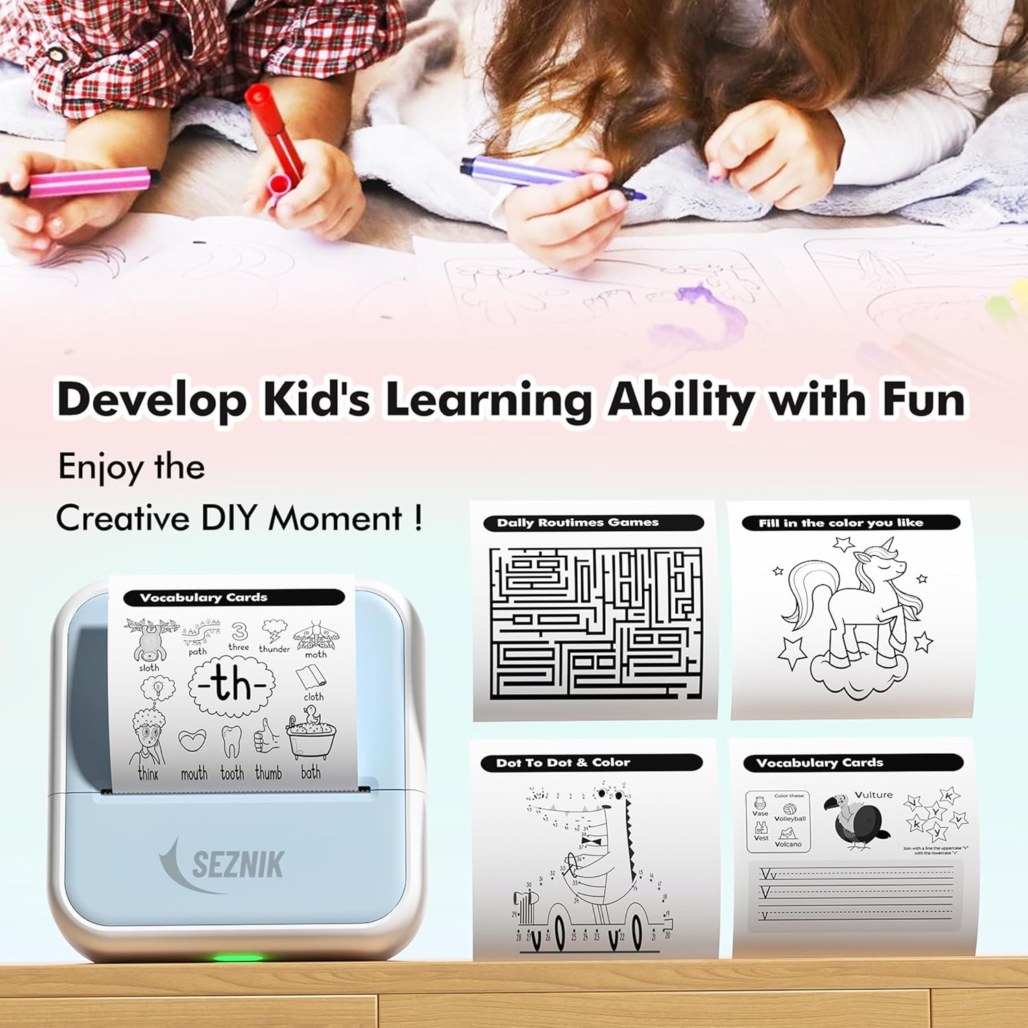 SEZNIK Mini Printer, Wireless Monochrome Home Printers, Thermal, Bluetooth, Portable Pocket Printer, Compatible with Android, iOS Mobile. 1 Year Warranty(Minix-White) - Image 7