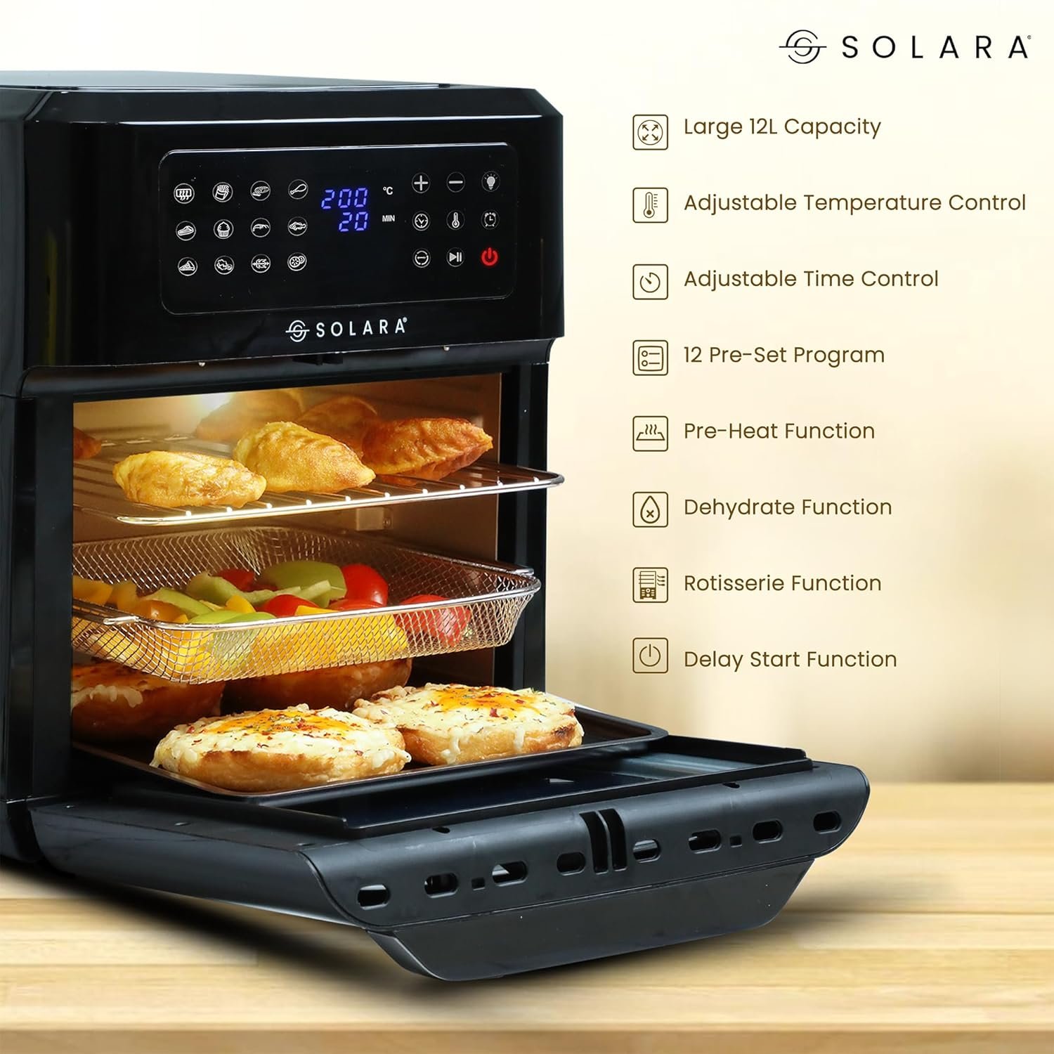 SOLARA 12L Air Fryer Oven for Home Kitchen, 1800W OTG Air Fryer Oven 12 Litre with 12 Presets, 6 Accessories, Grill, Roast, Bake, Reheat, AirFryer OTG, XX-Large, Recipe E-book, 1 Year Warranty, Black - Image 3