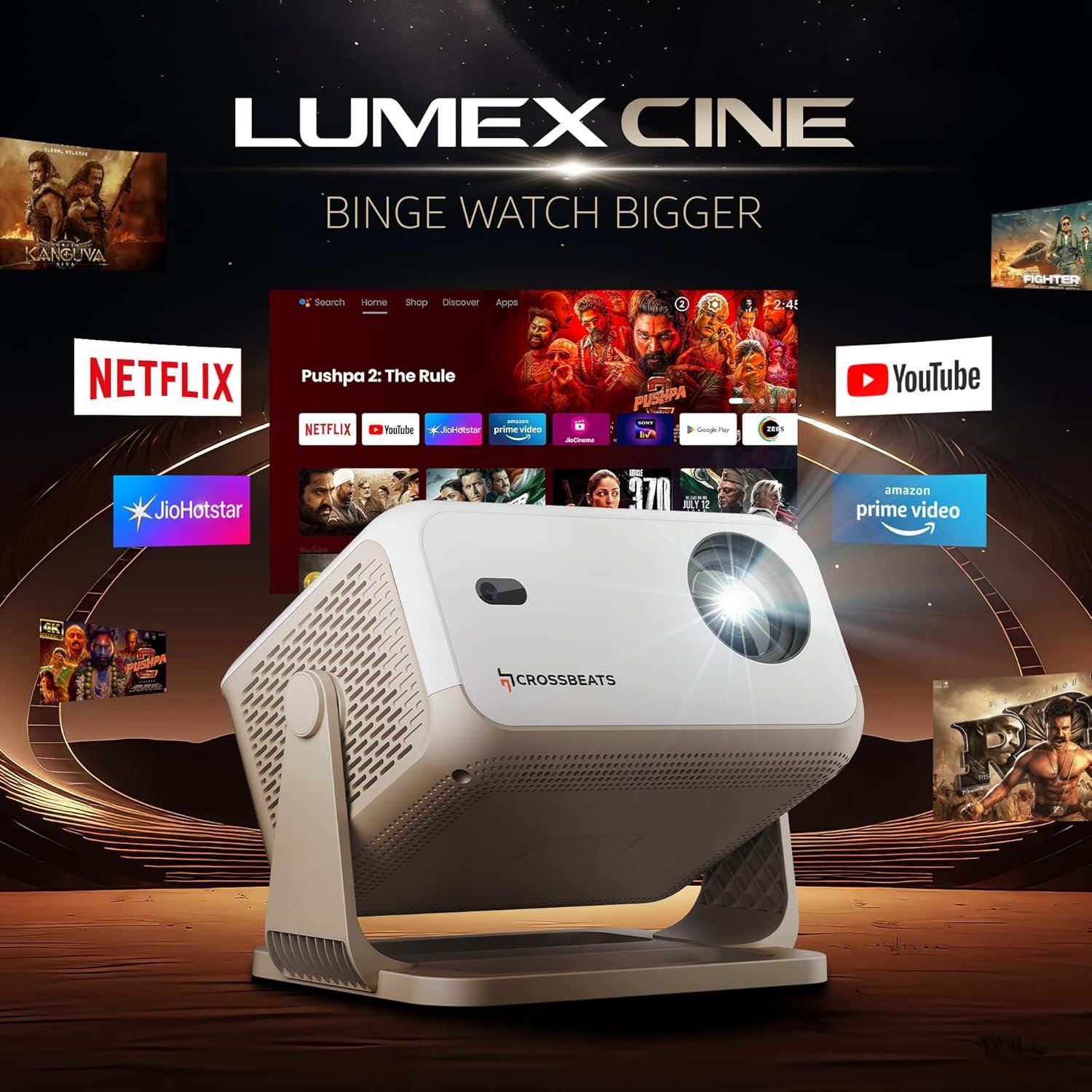 Crossbeats Lumex Cine Smart Home Projector 4k Ultra HD, Native 1080p, Mini Projector for Room,16000 Lumens Android OS, Built-in - Netflix, Prime, YouTube, Portable, Speaker, WiFi, 300" Display Cinema - Image 3