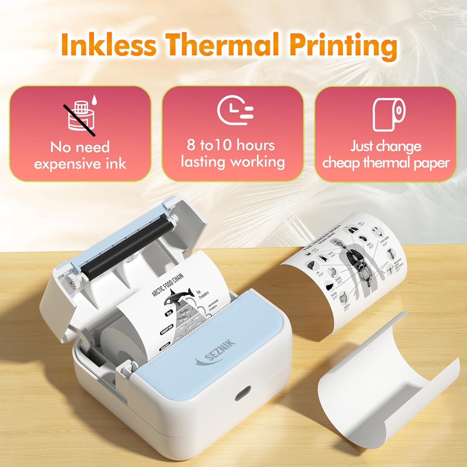 SEZNIK Mini Printer, Wireless Monochrome Home Printers, Thermal, Bluetooth, Portable Pocket Printer, Compatible with Android, iOS Mobile. 1 Year Warranty(Minix-White) - Image 10