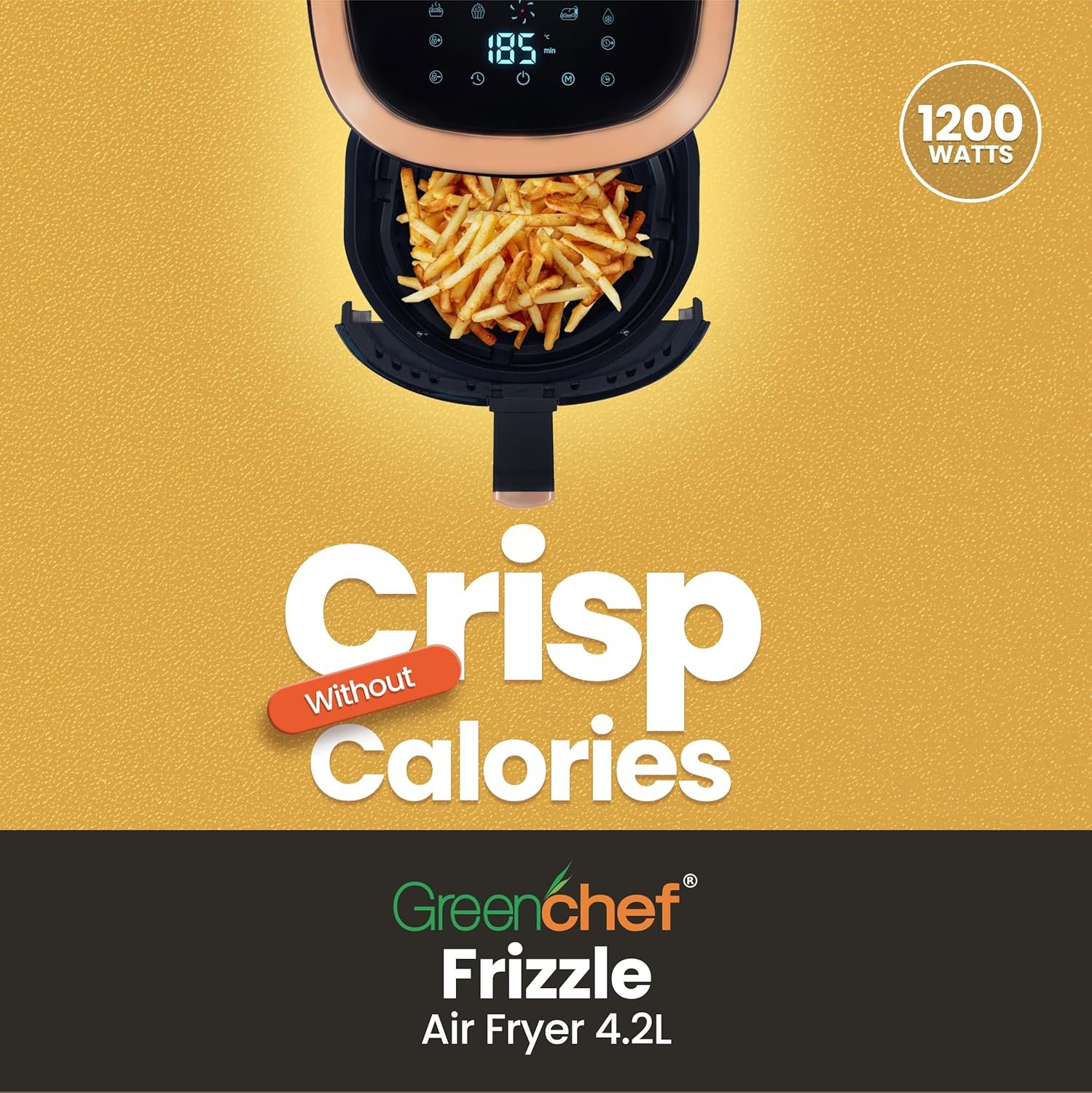 Greenchef Digital Air Fryer Frizzle with Touch Panel, uses up to 90% less fat, 8 Pre-set Menu, 1200W, 4.2 Liter (Black), Large - Image 3