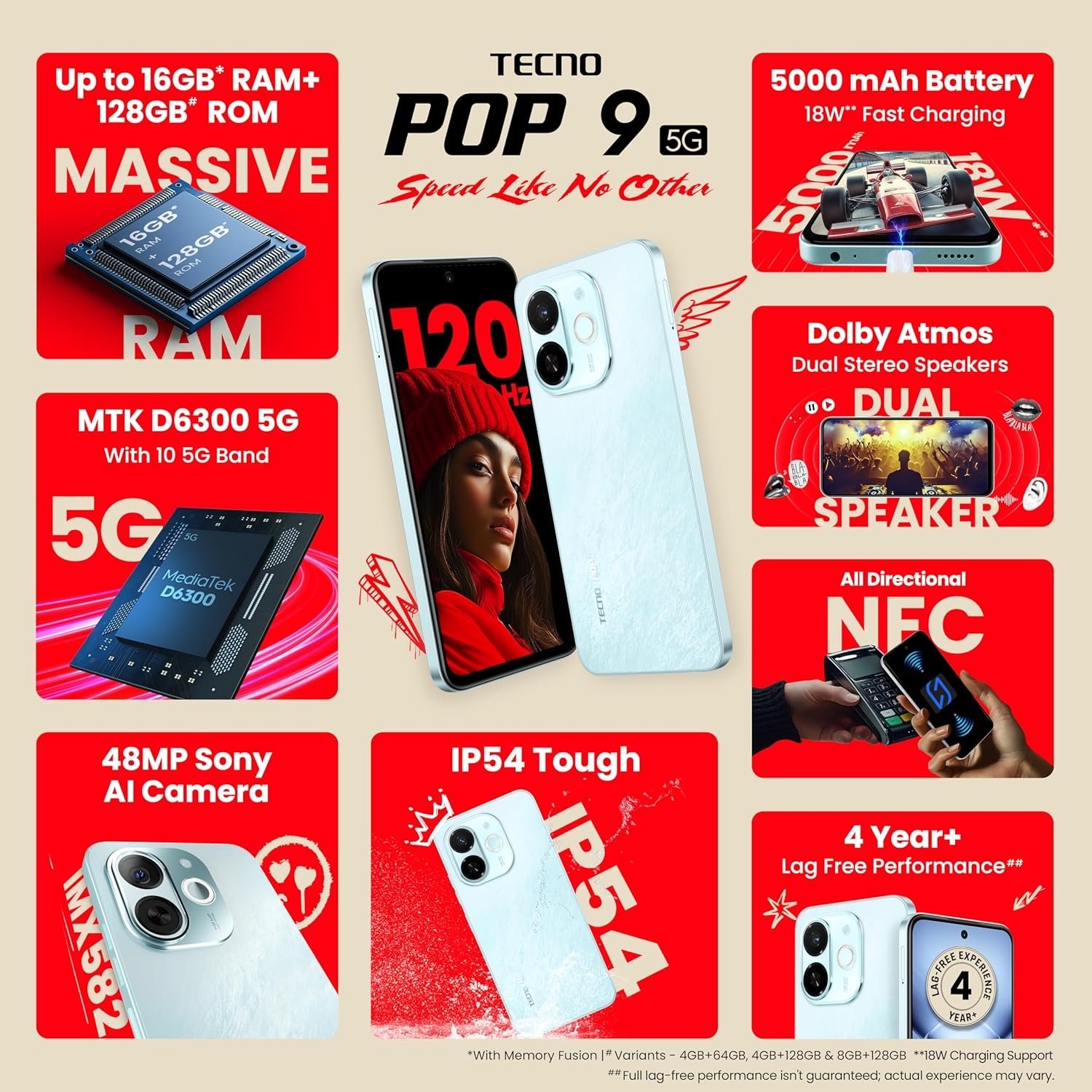 Tecno POP 9 5G (Azure Sky, 8GB+128GB) | D6300 5G Processor | 48MP Sony AI Camera | 4+ Year Lag Free Fluency |5000 mAh Battery |Dual Speaker | Without Charger - Image 3