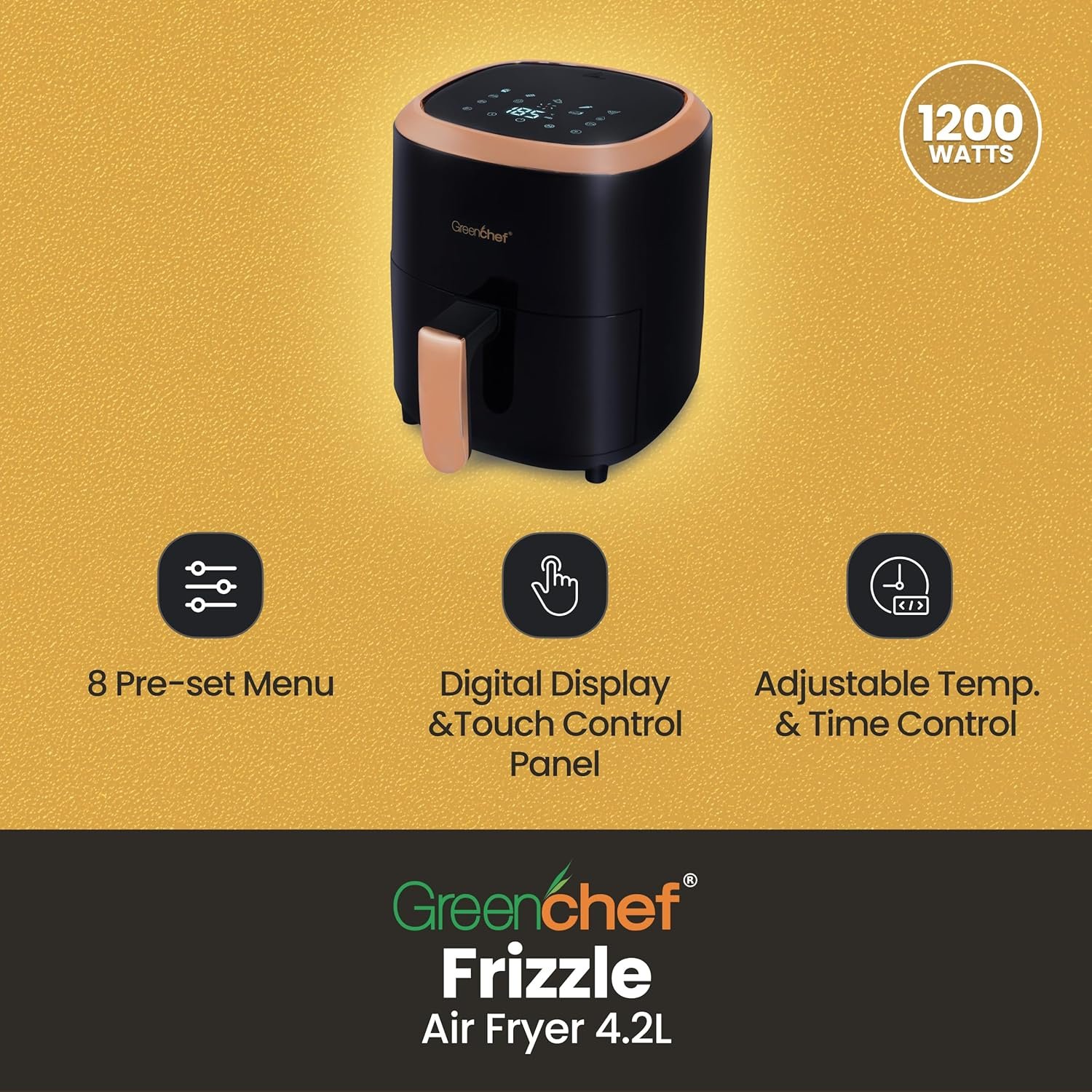 Greenchef Digital Air Fryer Frizzle with Touch Panel, uses up to 90% less fat, 8 Pre-set Menu, 1200W, 4.2 Liter (Black), Large - Image 6
